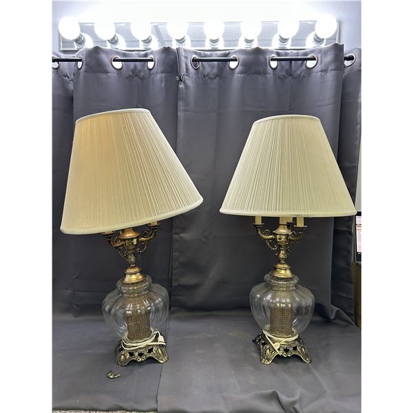 Pair of Table Lamps Clear Glass and Brushed Metal Bases, Candlestick Bulbs, Fabric Shade *damage