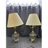 Image 1 : Pair of Table Lamps Clear Glass and Brushed Metal Bases, Candlestick Bulbs, Fabric Shade *damage
