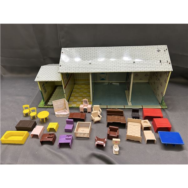 Vintage Metal Doll House with Lots of Plastic Furniture