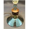 Image 2 : Glass, Brass and Teak Accent Side Table Nightstand Lamp 18" tall *works