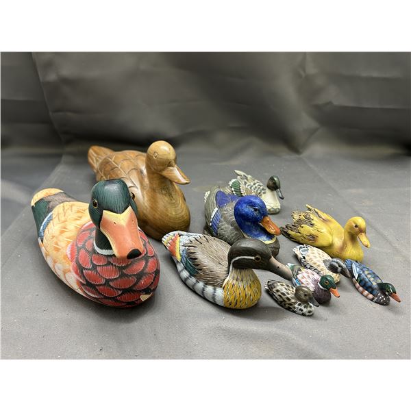 Lot of 10 Duck Figurines Wood, Resin