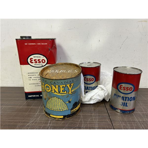 Lot of 4 ESSO Gas Tins, Honey, Etc