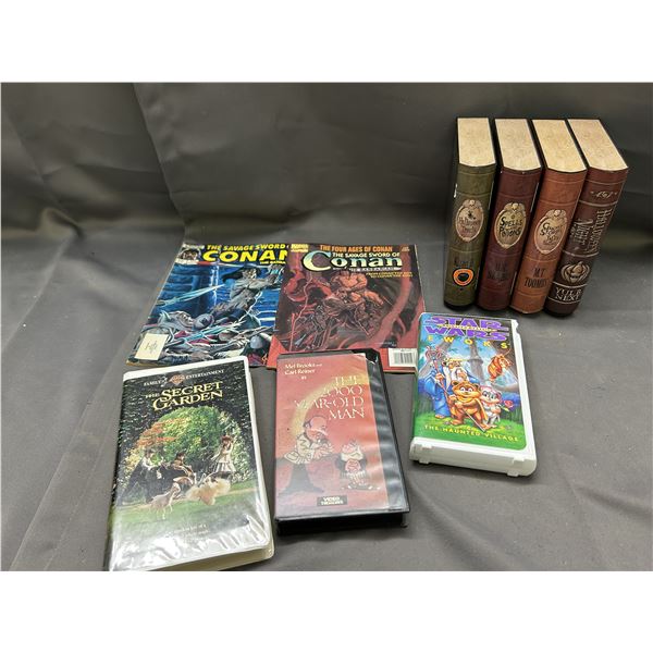 Lot of Spooky Books Halloween Decoration, Savage Sword of Conan Comics, VHS Tapes Star Wars Ewoks