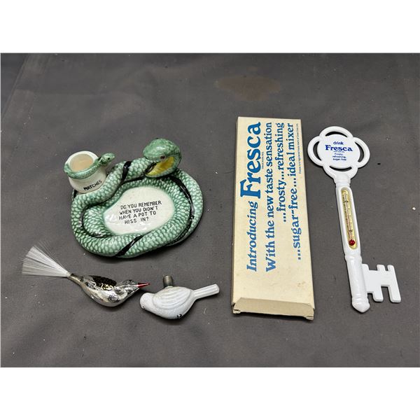 Fresca Advertising Thermometer, Snake Match Holder, Bird Lights