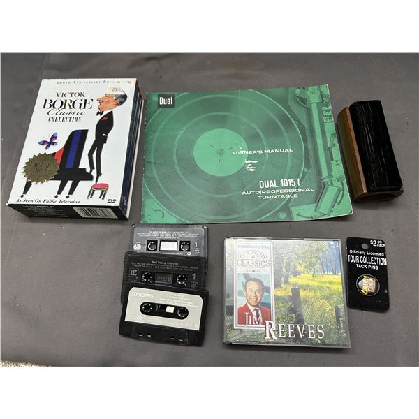 Lot of Misc Cassette Tapes, Record Cleaner, CD, Pin, Turntable Manual