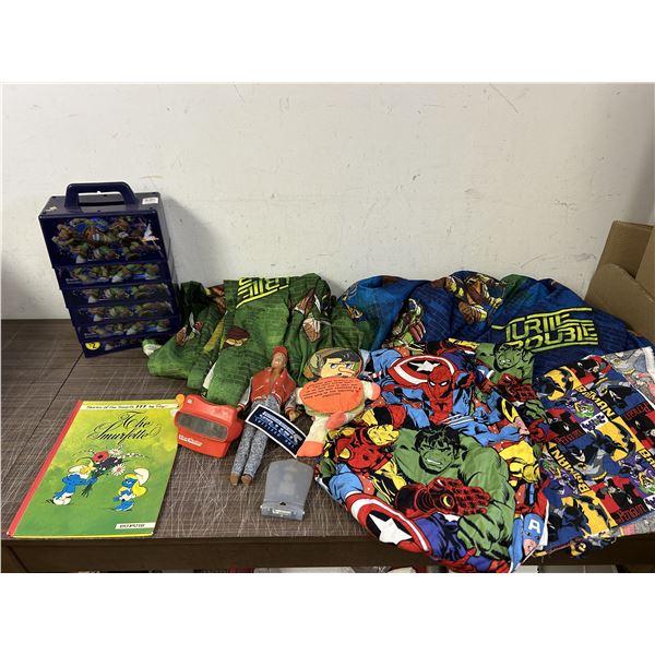 TMNT Fitted Sheet, Misc Superhero Fabric Scraps, Viewfinder, etc