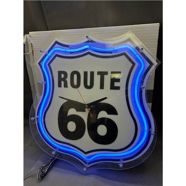 Light Up LED Neon-Style Route 66 Wall Clock Sign Man Cave Decor *works