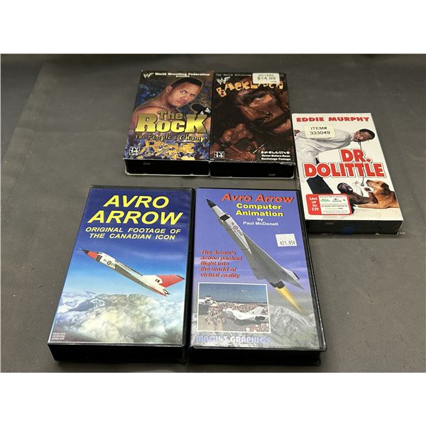 Lot of 5 VHS Tapes WWE WWF Dr Dolittle, The Rock, Avro Arrow, Etc