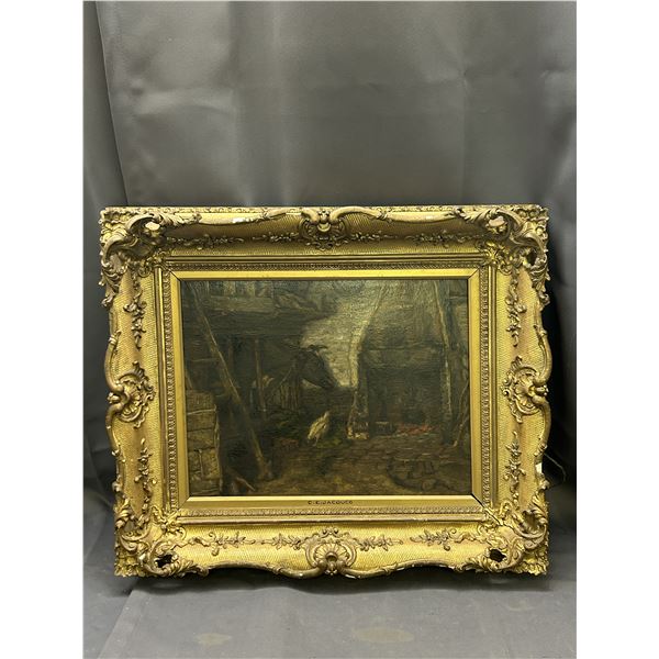 Antique 'Farm Scene' Original Painting in Ornate Frame by C.E. Jacques