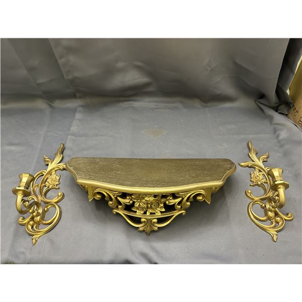 Vintage MCM Shelf and Sconces Ornate Gold Tone Wall Set Dart Syroco