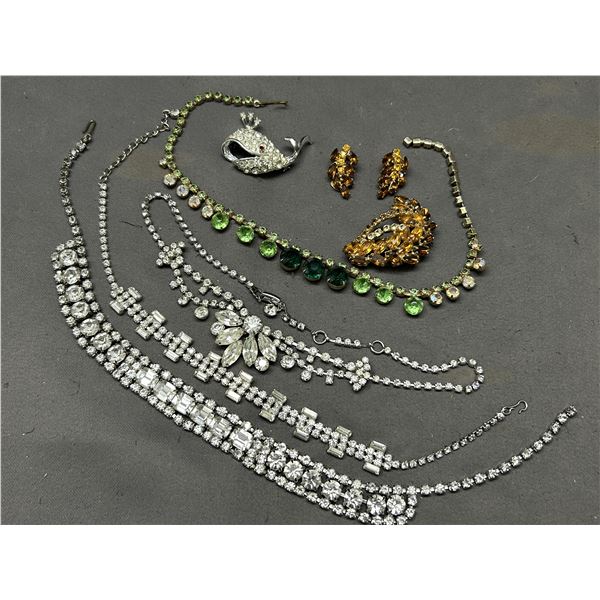 Lot of Vintage Rhinestone Costume Necklaces, Brooch, Clip on Earrings