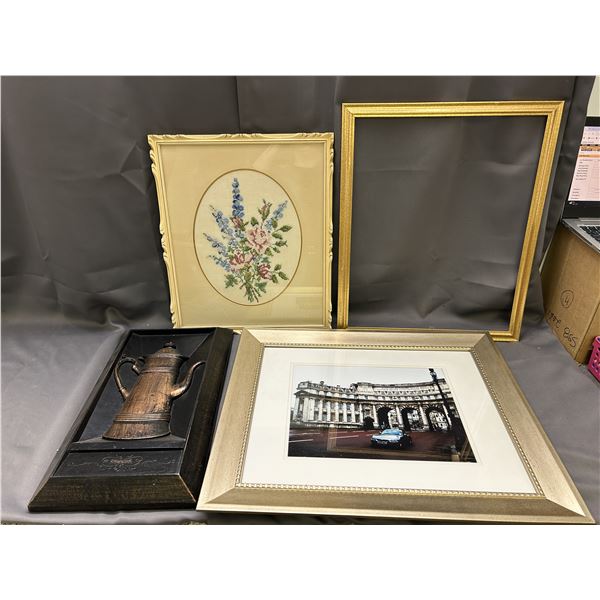 Lot of 4 Framed Wall Art / empty frame, Cross Stitch, 3D Coffee Pot