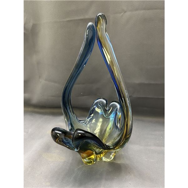 Vintage Art Glass Blown Glass Blue and Yellow Basket Centerpiece 15"