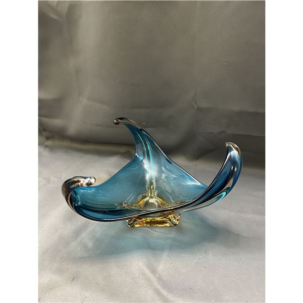Vintage Art Glass Blown Glass Centerpiece Blue and Orange, Unmarked 11" wide
