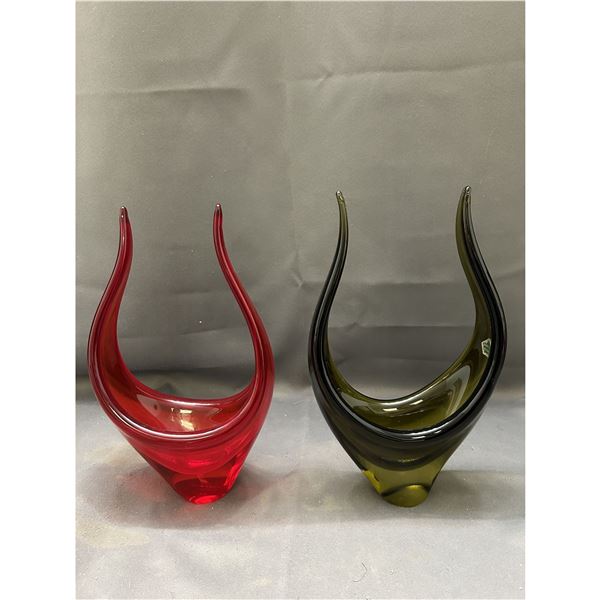 Pair of Art Glass Blown Glass Decoratons Green and Red 7x12" Unmarked