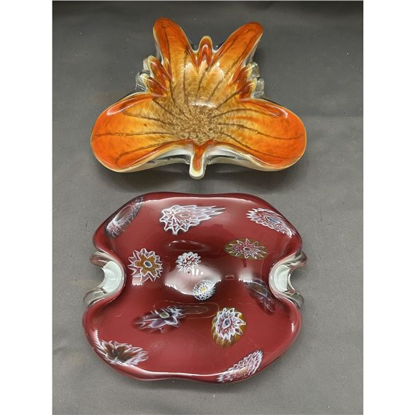 Lot of 2 Art Glass Blown Glass Ashtrays / Centerpieces 9-10" Wide