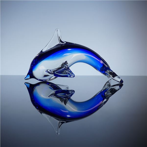 Murano Glass Hand Blown Cobalt Dolphin Paperweight