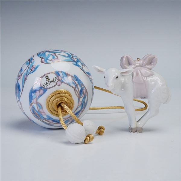 2pc Lladro Christmas Ornaments, Nativity Lamb and Mistletoe Ball
