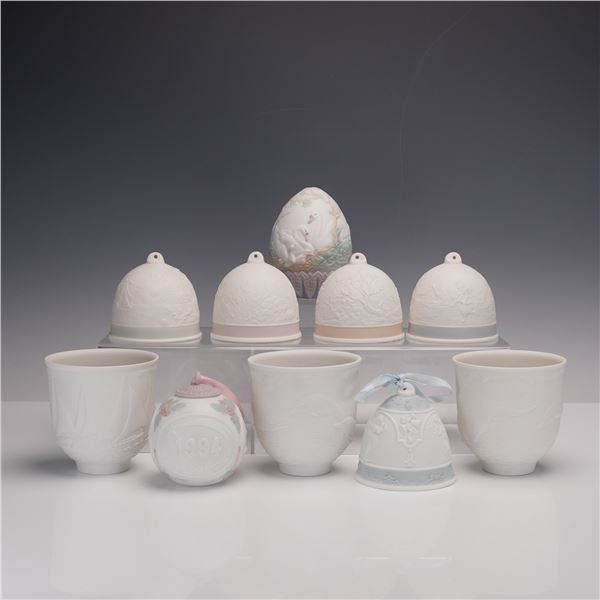 10pc Lladro Porcelain Bells, Ornament, Candle Holders, and Egg