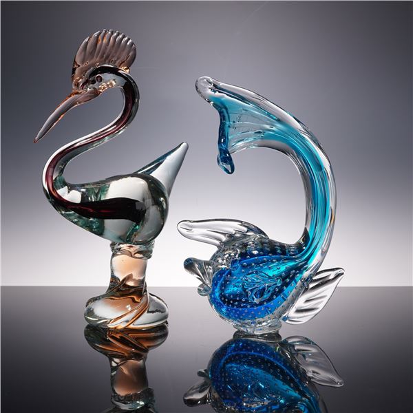 2pc Art Glass Sculptures, Spoonbill and Fish