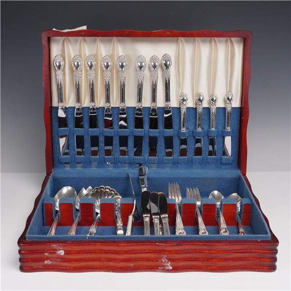 48pc International Sterling Silver, Brocade Flatware Service in Wooden Case