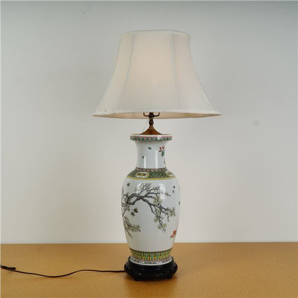 Chinese Porcelain Vase Lamp w/ Hand-Painted Avian & Floral Decorations