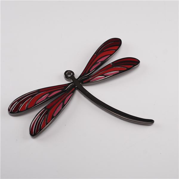 Lalique Metal Dragonfly Pendant with Red and Pink Enamel Wings