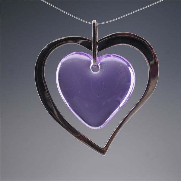 Lalique Sterling Silver Amoureuse Heart Pendant with Purple Crystal Center