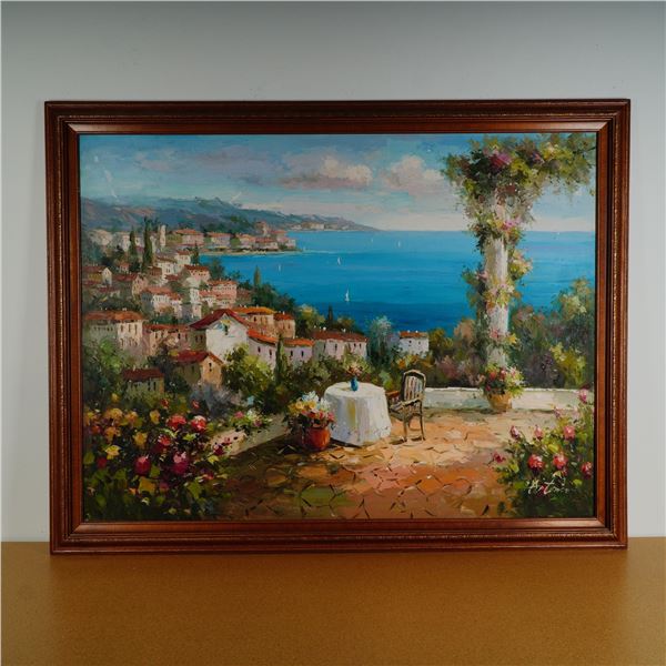Antonio di Viccaro, Large Oil on Canvas, Mediterranean Coastline, Signed