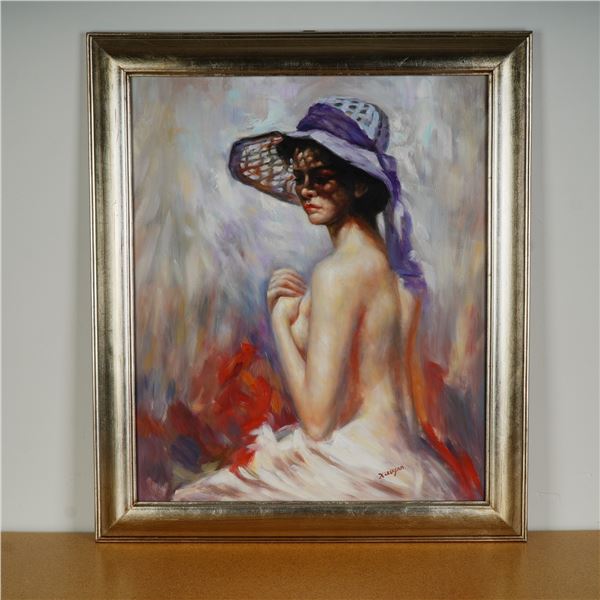 Oil Painting on Canvas Lady in Spring Bonnet aft. Pino Daeni Signed Xiaoyan