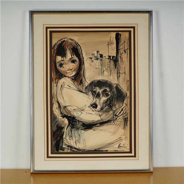 Boutin, Watercolor, Ink & Pastel on Paper, Portrait of Girl w/ Dog, Signed