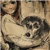 Image 2 : Boutin, Watercolor, Ink & Pastel on Paper, Portrait of Girl w/ Dog, Signed