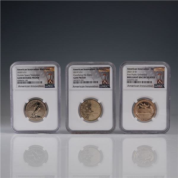 3pc 2019-S, 2020-S, and 2021-D American Innovation Dollar NGC Graded Coins