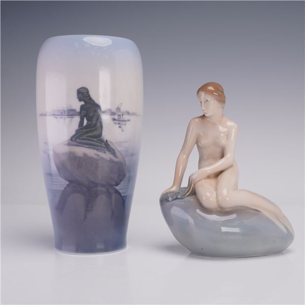 Pair of Royal Copenhagen Little Mermaid Porcelain Figurine and Vase