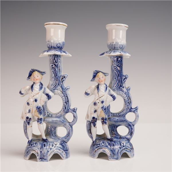 2pc Flow Blue Delft-Style Blue and White Ceramic Candleholders w/Gilding