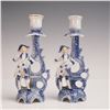 2pc Flow Blue Delft-Style Blue and White Ceramic Candleholders w/Gilding