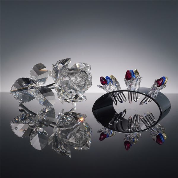 2pc Swarovski Crystal Rose Figurine and Tulip Display Stand Set