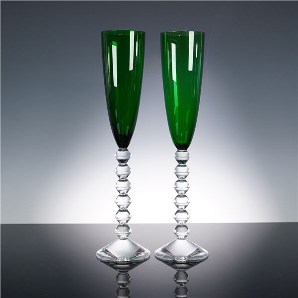 Baccarat Vega Flutissimo Green Crystal Champagne Flutes Pair w/ Orig. Boxes