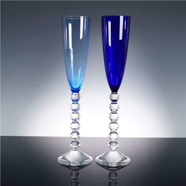 Pair of Baccarat Vega Flutissimo Blue Crystal Champagne Flutes with Boxes