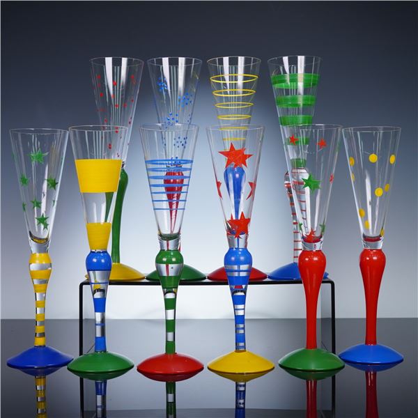 10pc Orrefors Anne Nilsson Fluted Champagne Glasses, Clown