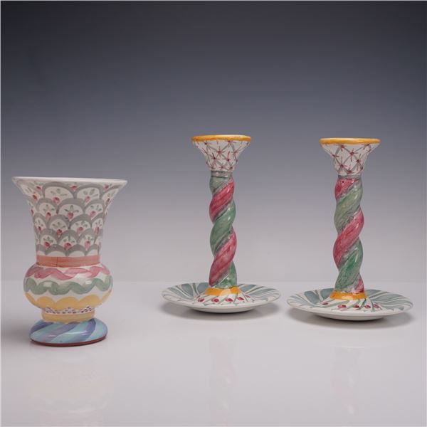 3pc MacKenzie-Childs Ceramic Vase and Candle Holders