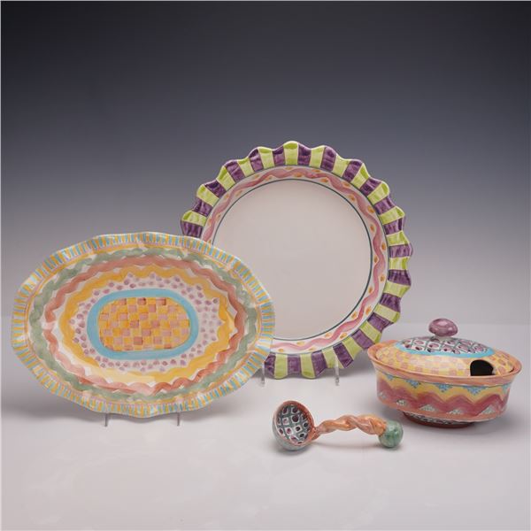 4pc MacKenzie-Childs Pottery Platter, Charger, Covered Dish, and Ladle