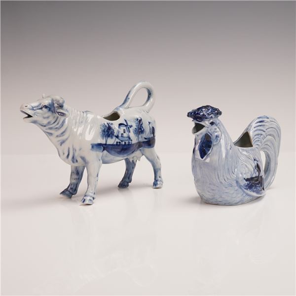2pc Delft-Style Creamers, Blue and White Ceramic Cow and Rooster