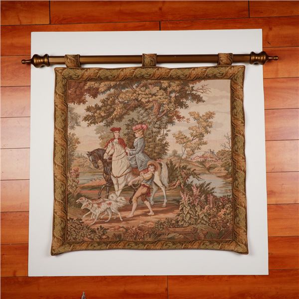 European Tapestry Wall Hanging with Rod, Romantic Equestrian Scene