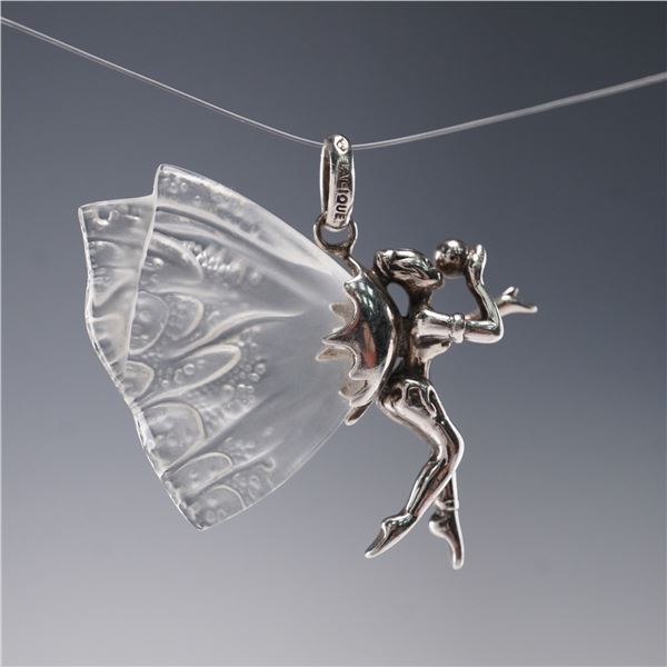 Lalique Chrysalide Fairy Pendant Silver Tone with Frosted Crystal Wings