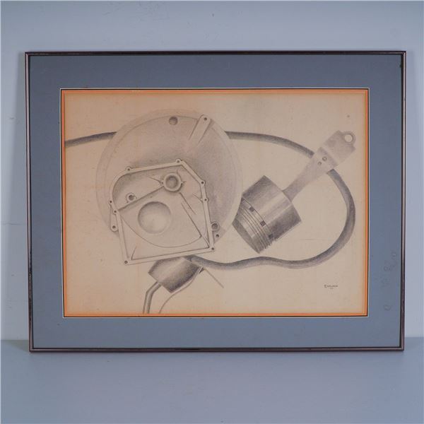 Diplock, Original Graphite Drawing on Paper, Industrial Precision, Signed