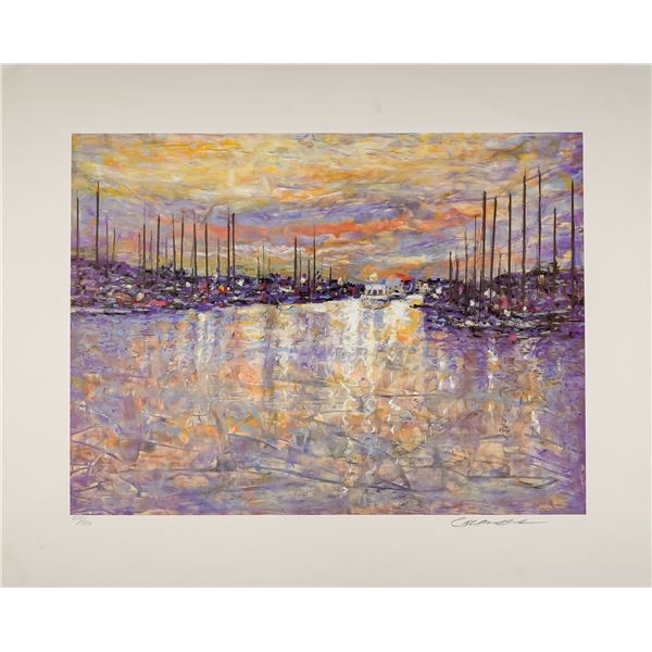 Limited Edition Lithograph on Paper, Harbor at Sunset, Signed and Numbered