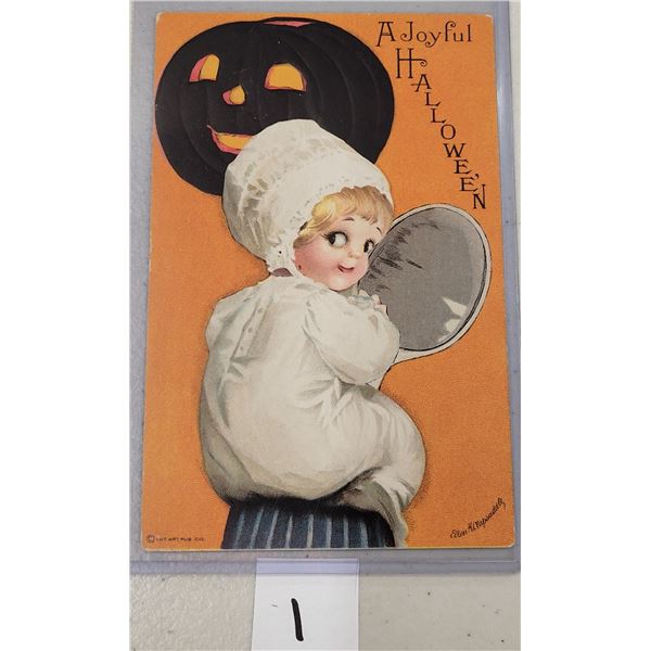 Orange Background Clapsaddle Child & Black Pumpkin Halloween Postcard