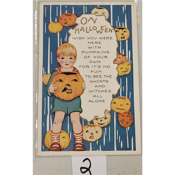 Whitney Boy Holding Pumpkin & Floating Pumpkins Halloween Postcards