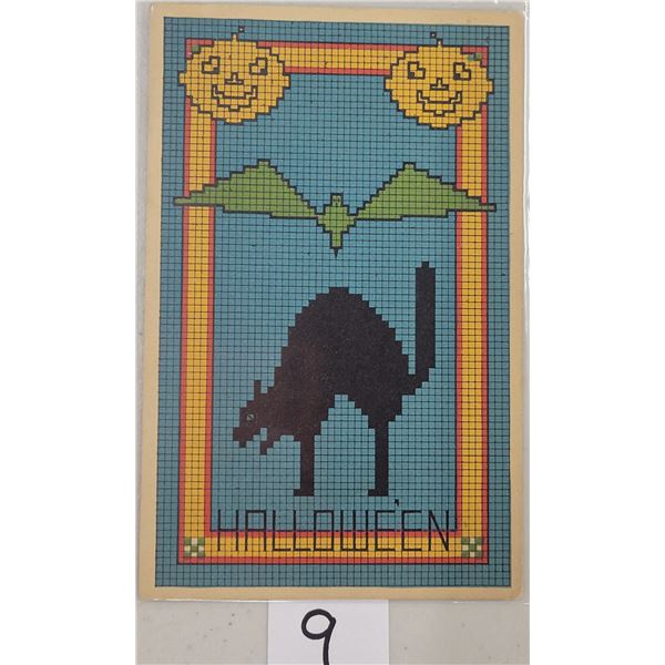Gibson Blue Background Black Cat, Bat & Pumpkin Halloween Postcard